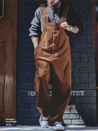 saferido Men's Autumn Winter American Vintage Corduroy Backband Pants Amekaji Loose Straight Strap Jumpsuit