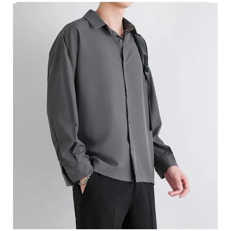 Premium Men Ice Silk Shirt Spring Summer Thin Luxury Loose Korean Business Shirt Solid Trendy Ruffle Draping Shirt Jacket