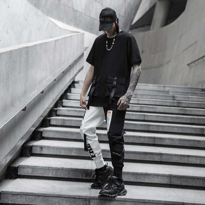 Men Black White Patchwork Casual Techwear Cargo Pants Punk Hip Hop Streetwear Joggers Man Vintage Slim Fit Sweatpants