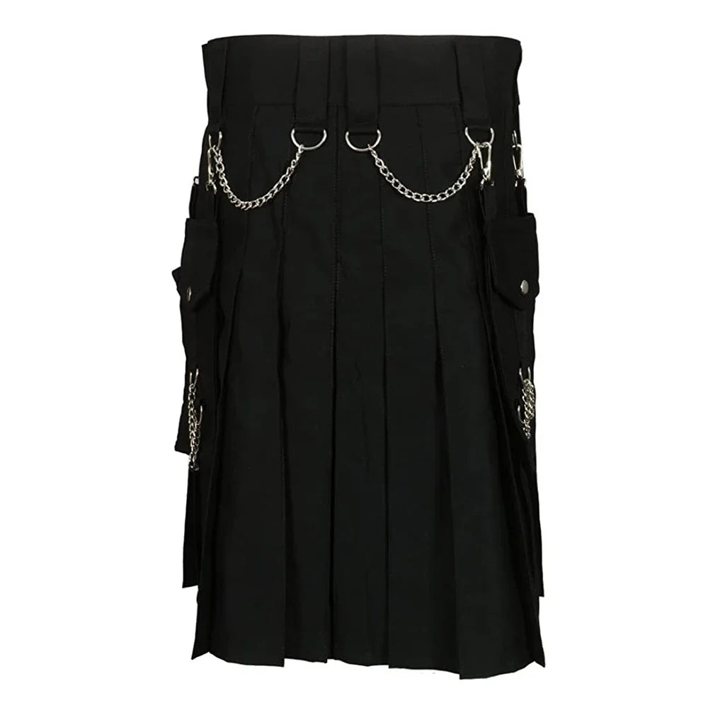 saferido Summer Fashion Utility Kilt with Silver Chains Black Skirt Bottom Men's Scottish Festival Skirts Punk Rock Metal Pendant Pleated Skirt
