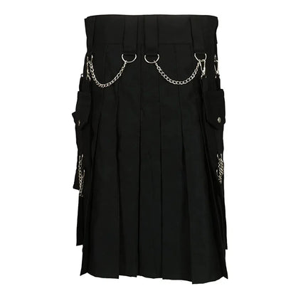 saferido Summer Fashion Utility Kilt with Silver Chains Black Skirt Bottom Men's Scottish Festival Skirts Punk Rock Metal Pendant Pleated Skirt
