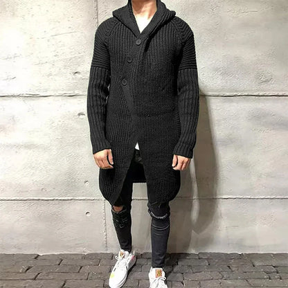 Men Button-up Long Sweater Overcoat Mens Winter Fall Long Sleeve Knit Hooded Cardigans Coat Fashion Solid Long Knitted Jackets