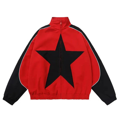 Spring Bomber Jacket Men Women Vintage Star Pattern Harajuku Y2k Windbreaker Coat Streetwear Zipper Patchwork Outerwear Unisex