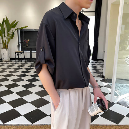 Short Sleeve Shirt Men Korean Fashion Half-sleeved Shirt Handsome Summer Lapel Solid Color Casual Ice Silk High Quality Top