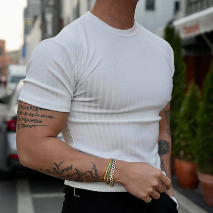 Fashion Solid Color Ribbed Slim T Shirts Men's Streetwear Classic Simple Crew Neck Short Sleeve Tees Summer Leisure Men Clothes
