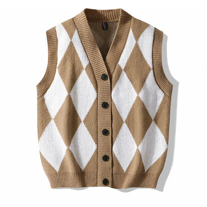 Men's Plaid Sweater Vest Sleeveless V-Neck Button Cardigan Vest Fashion Office Knitted Vest Classic Fit Tank Tops