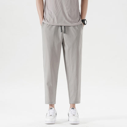 New Summer Men'S Casual Ice Silk Pants Korean Trend Loose Straight Tube Thin Harlan Trousers Quick Drying 9-Point Sweatpants