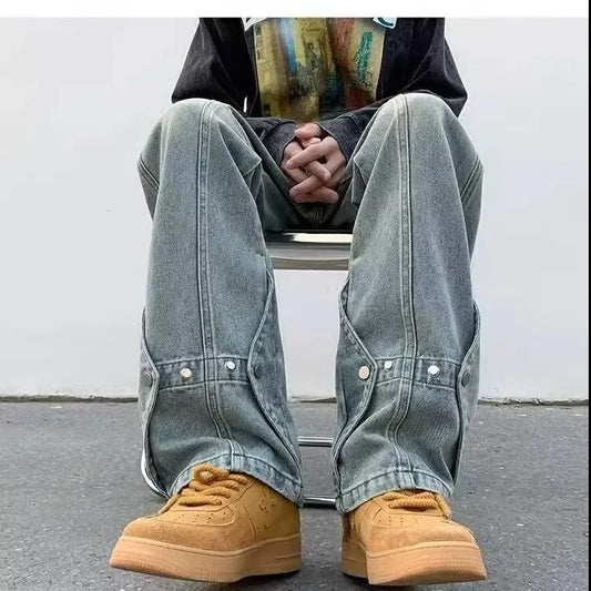 saferido Trendy Vintage Straight-leg Jeans Men's Fall/winter Style American Vibe Patchwork Pants Slim Fit Bootcut Bottoms For Men