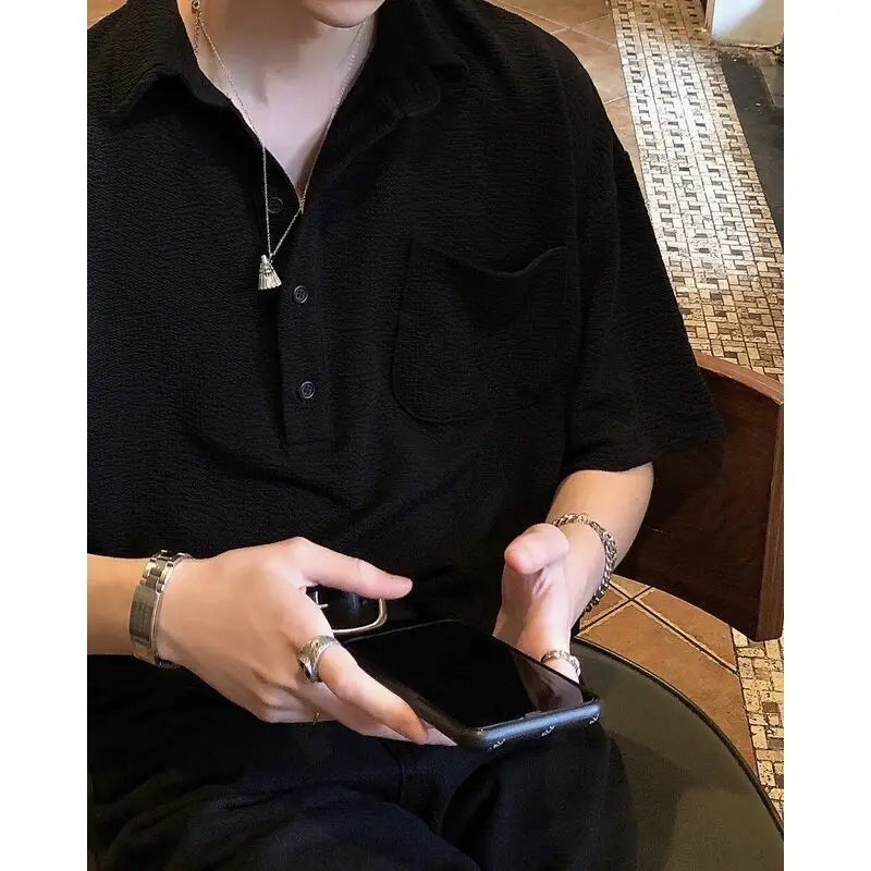 Korean Solid Color Knit Polo Shirt Lapel Short Sleeve T-shirt Men Summer Trend Loose Casual Top Golf Button Polo T Shirt for Men