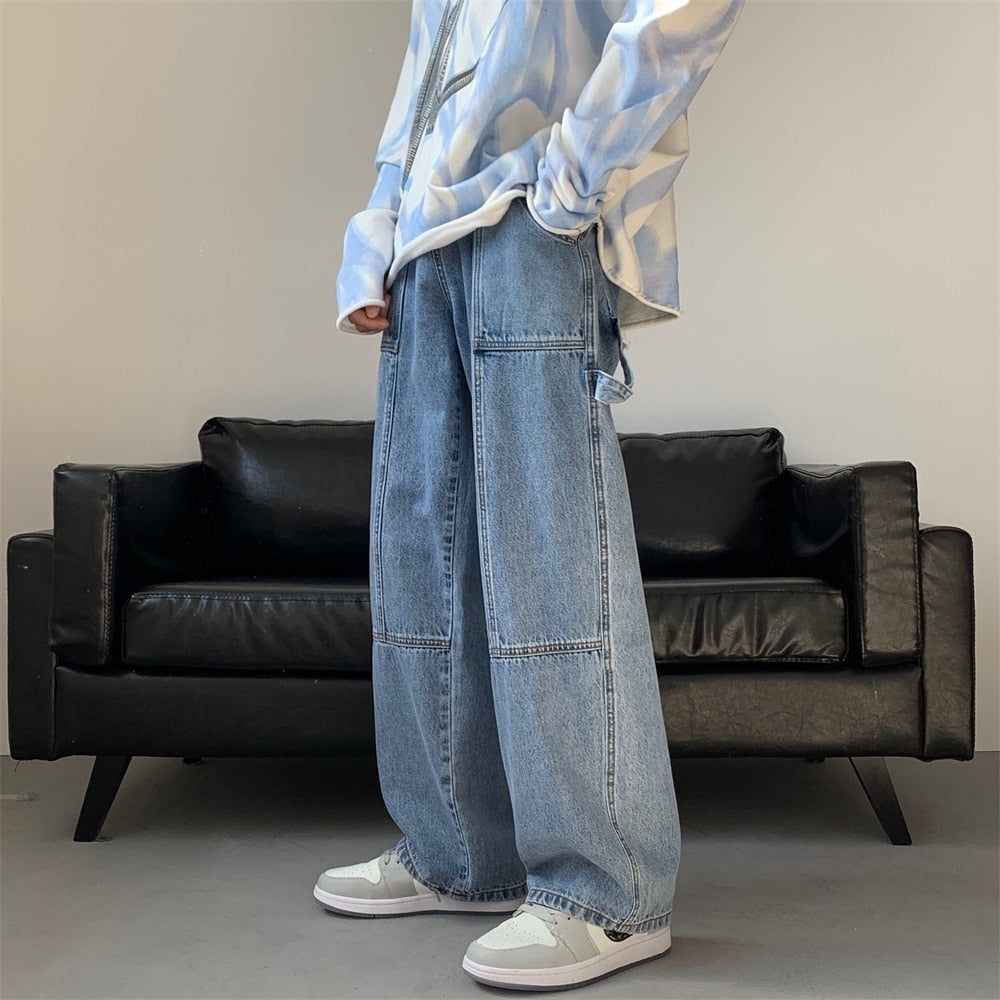Blue White Black Baggy Jeans Men Fashion Casual Wide Leg Jeans Men Streetwear Loose Hip Hop Straight Denim Pants Mens Trousers