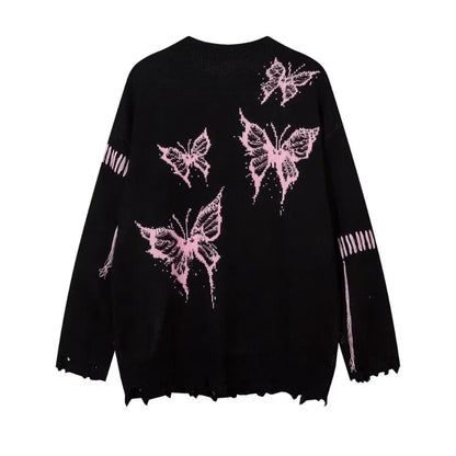 saferido High Street Trendy Men Sweater Dark Butterfly Jacquard Round Neck Pullover with Hole in The Bottom Hem Knitwear Spring Autumn