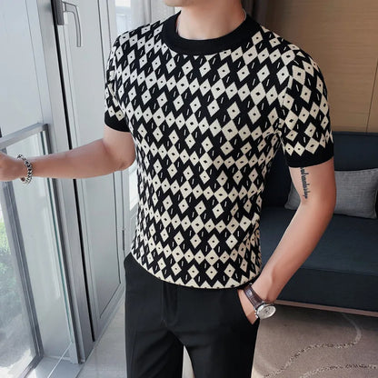 saferido  Korean Style High Quality For Men Plaid Short Seeve Knit Sweater/Male Slim Fit Fahion O-Neck Set head Knit Sweaters Homme