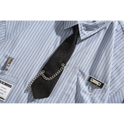 saferido Blue Striped Shirt Vintage College Style Tie Chain Design Loose Casual Blouse Couple Long Sleeve Top Harajuku Male Shirts Coat