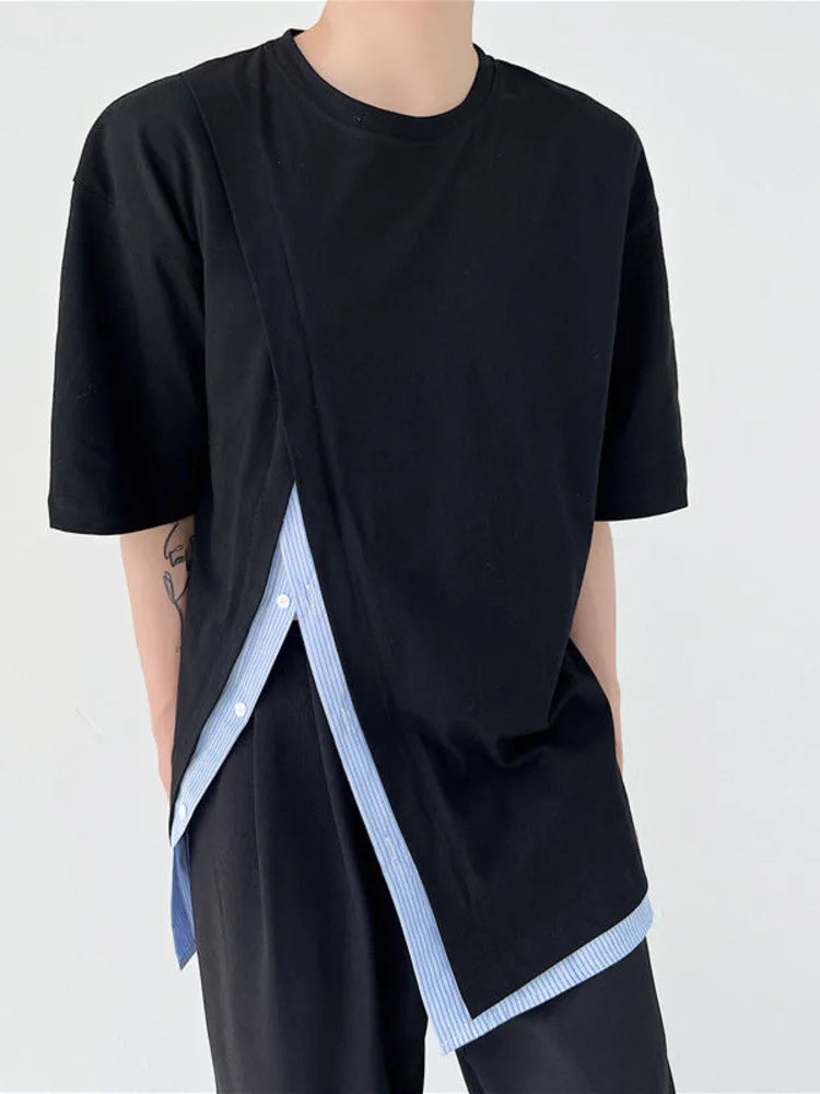 Men Clothing Summer Short Sleeve Slit Patchwork T-shirt Korean Fashion Loose Streetwear T Shirt Tops For Male