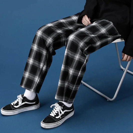 Plaid Design Vintage Pants Men Plus Size 3XL Loose Teens Couples Chic Harajuku Japanese Style All-match Straight Trousers Simple