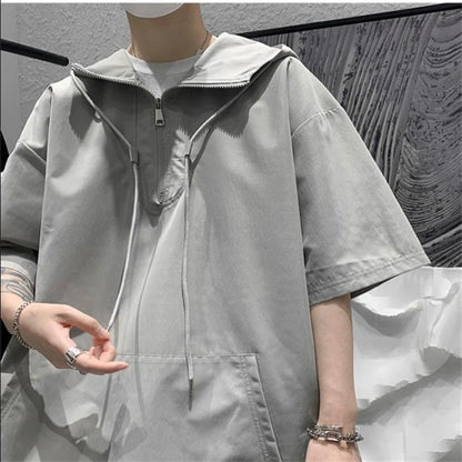 saferido Men's Summer Hoodies Casual T-shirt Solid Color Harajuku Style Hooded Tshirts Male Loose Pullovers