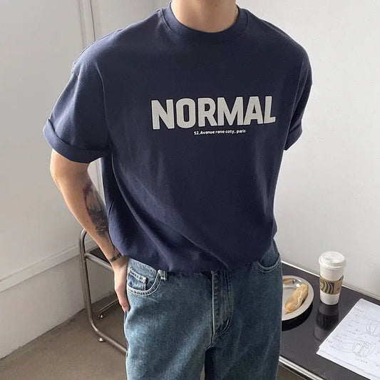 Korean New Men Clothing 100% Cotton Letter Printed T Shirt for Men Short Sleeve Summer O-Neck Oversized Vintage T-shirts for Men