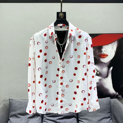 New Spring and Autumn Fashion Polo Collar Print Slim Fit Hanging Korean Version High End Fashion Casual Simple Men's Shirt