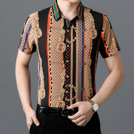 Fashion Personalized Print Shirt Men Summer Retro Short Sleeve Shirts NightClub Casual Slim Fit Holiday Business Hawaii Blouse