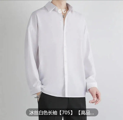 Premium Men Ice Silk Shirt Spring Summer Thin Luxury Loose Korean Business Shirt Solid Trendy Ruffle Draping Shirt Jacket