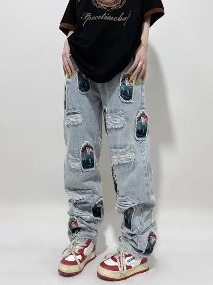 Embroidery heavy industry jeans couple summer trend hip-hop high street American style y2k new brushed loose straight-leg pants