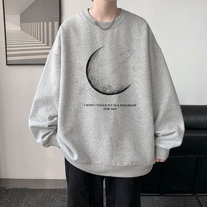 Winter Warm Sweatshirts New Men Simple Stroke Moon Graphic Pullovers Oversized Korean Style Man Letter Print O Neck Tops