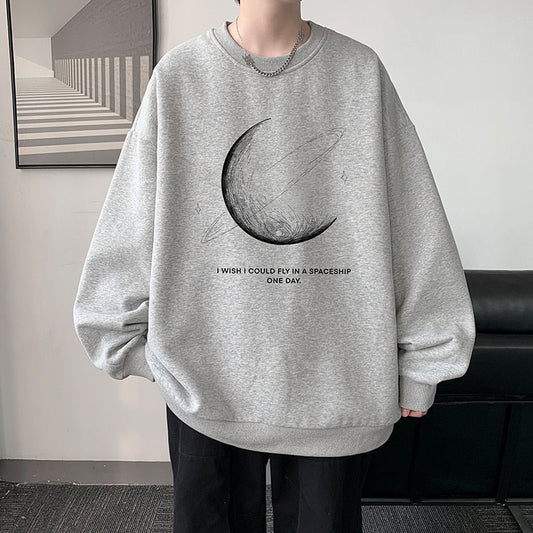 Winter Warm Sweatshirts New Men Simple Stroke Moon Graphic Pullovers Oversized Korean Style Man Letter Print O Neck Tops