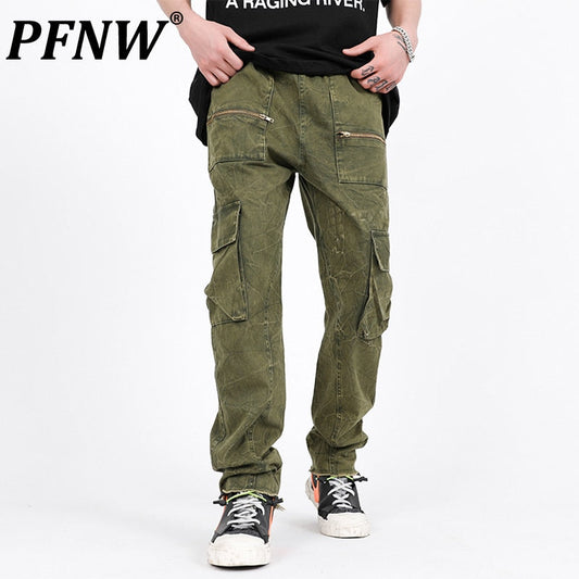 Spring Autumn Men's Deckle Edge Design Vintage Cargo Pants Elastic Waist Tide Straight High Street Casual Overalls 12A7537