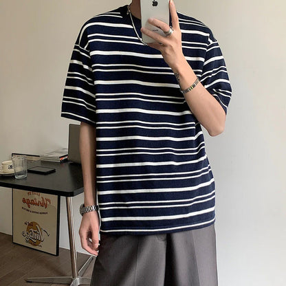 saferido Korean Style Men's Loose Pullover Round Neck Knit T-shirts Striped Printing Top Clothes Tshirts Apricot/navy Color T Shirts