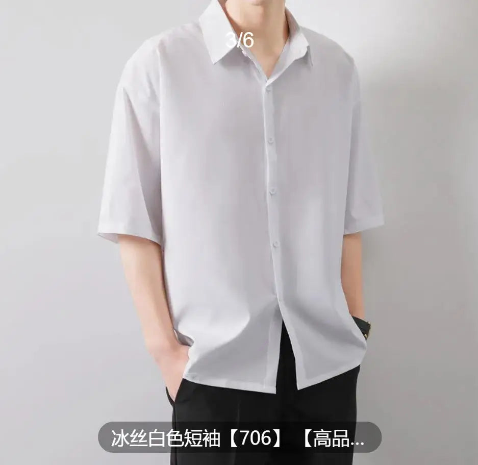 Premium Men Ice Silk Shirt Spring Summer Thin Luxury Loose Korean Business Shirt Solid Trendy Ruffle Draping Shirt Jacket