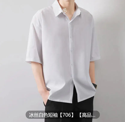 Premium Men Ice Silk Shirt Spring Summer Thin Luxury Loose Korean Business Shirt Solid Trendy Ruffle Draping Shirt Jacket