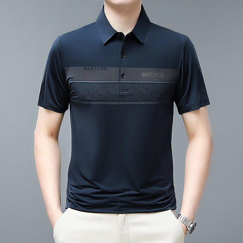 Men T Shirts Breathable Short Sleeve Summer T Shirt for Men Business Casual Fashion Striped Turn-Down Collar T Shirt Male