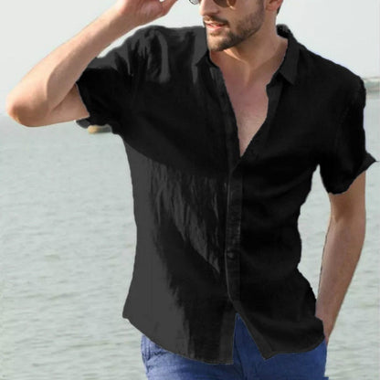Hot Sale Men's Short-Sleeved Shirts Cotton Linen Summer Solid Color Turn-down Collar Quick Drying Casual Beach Style Plus Size