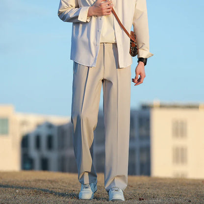 Spring Summer Men Suit Pants Wide Leg Long Drape Trousers Fashion Streetwear Clothing Solid Stretch Waist Oversize Pants Black