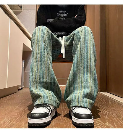 American Vintage Maillard Striped Casual Pants For Men Loose Straight Leg Wide Leg Trousers Autumn Winter Thick Woolen Pants