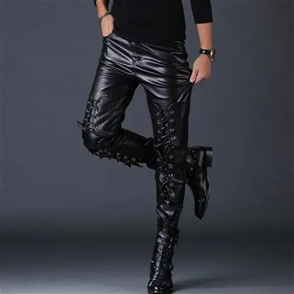 saferido Autumn New Korean Style Tethered PU Leather Pants Men's Pants Slim and Handsome Motorcycle Pants Casual Trendy Men's Pants