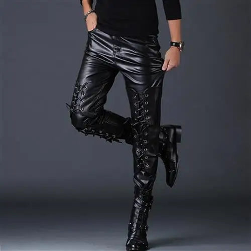 saferido Autumn New Korean Style Tethered PU Leather Pants Men's Pants Slim and Handsome Motorcycle Pants Casual Trendy Men's Pants