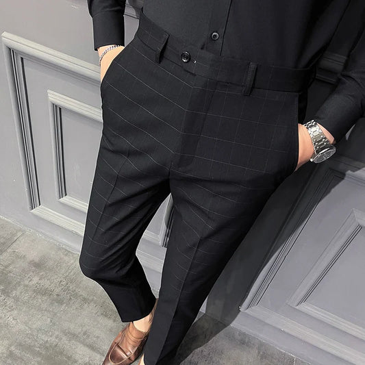 saferido Spring Summer New Plaid Dress Pants Men Clothing Business Formal Wear Slim Fit Office Trousers 36 38