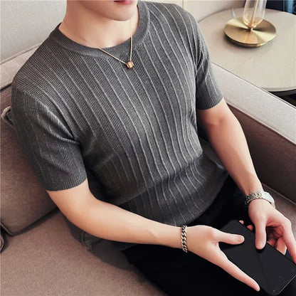 Brand Clothing Men's Summer Leisure Short Sleeve T-Shirt/Male Slim Fit O-Neck Stripe Knitted T-Shirt Plus Size S-4XL