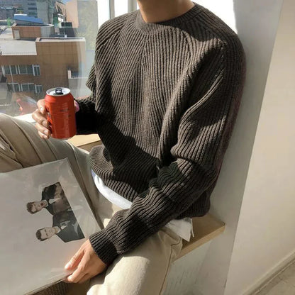saferido Mens Autumn Winter Korean Style Loose Round Neck Knitted Sweater Gender-Neutral Trendy Casual Solid Color Simple Sweater Unisex