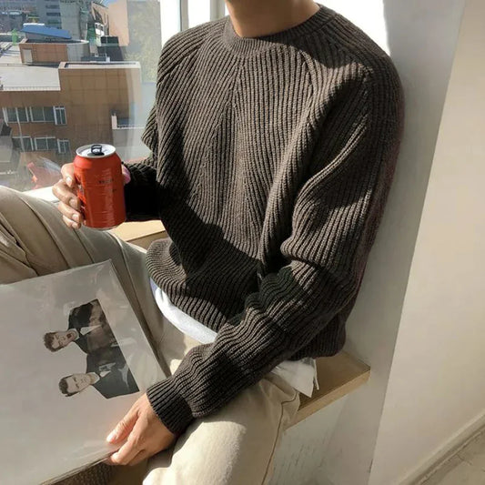saferido Mens Autumn Winter Korean Style Loose Round Neck Knitted Sweater Gender-Neutral Trendy Casual Solid Color Simple Sweater Unisex