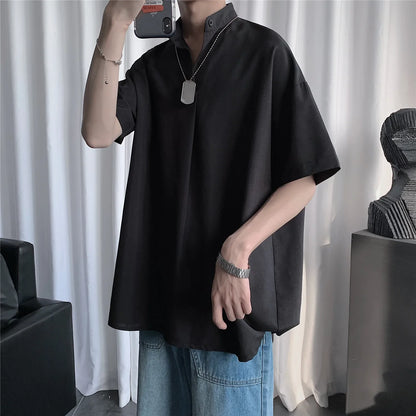 saferido Ice One Button Korean Fashions Shirts & Blouses Summer Short Sleeve Vintage Shirts Mens Casual Japanese Style Tops 5XL