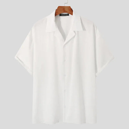 Men Casual Shirt Lapel Short Sleeve Button Streetwear Summer Men Clothing Solid Color Korean Fashion Shirts S-5XL