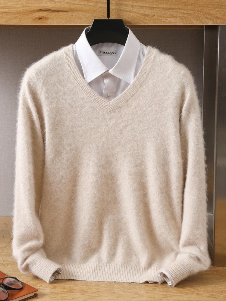 Men's 100% Mink Cashmere Sweater V-Neck Pullovers Knit Large Size Winter New Tops Long Sleeve High-End Jumpers