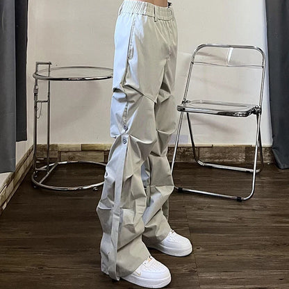 High Street Pleated Overalls Men's Pants Fashion Loose Straight Button Casual Male Trousers Solid Color Darkwear