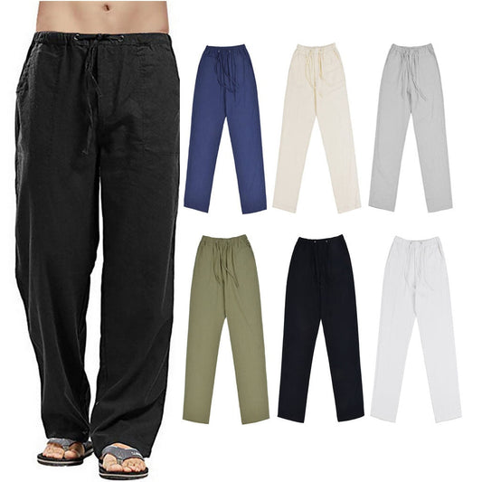 Cotton Linen White Pants Men  Large Size Men's Casual Trousers Home Trousers Man Long Tube Solid Color Loose Trousers