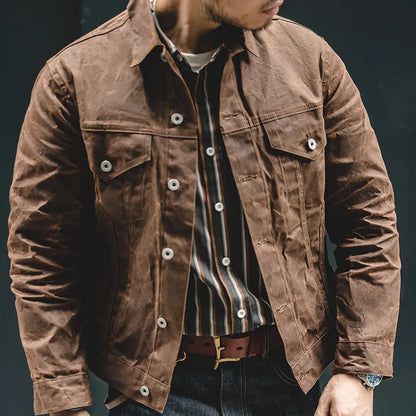 Retro Khaki  Jacket Male Size M To 3XL Waxed Canvas Cotton  Jackets Military Uniform Light Casual Work Coats Man Clothing