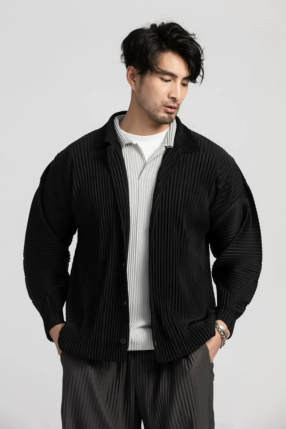 Lapel Shirt Black Pleated Long Sleeve T Shirt For Men Casual Coat Japanese Streetwear Men Cardigan Button Up Shirt