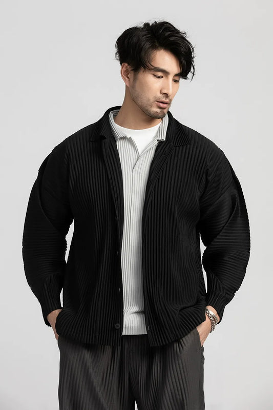 Lapel Shirt Black Pleated Long Sleeve T Shirt For Men Casual Coat Japanese Streetwear Men Cardigan Button Up Shirt