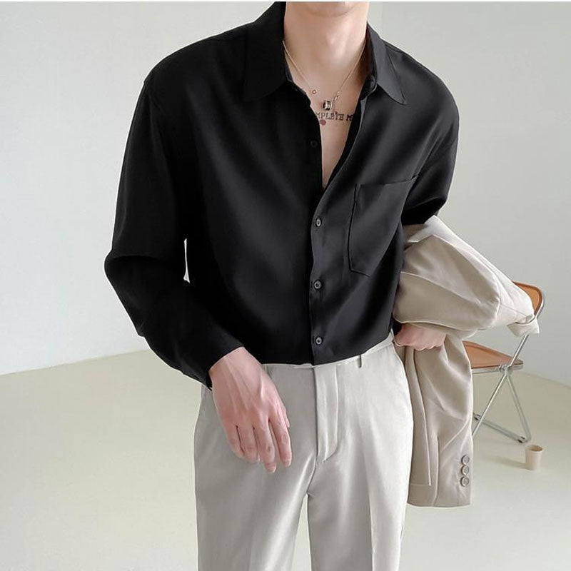 Solid Color Long Sleeve Shirt POLO Collar Single Breasted Loose Casual Fashion Korean Spring and Autumn New Men's Clothing Punk